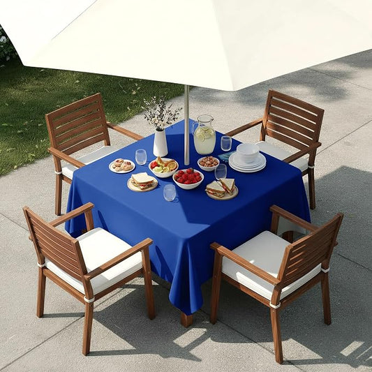 LUSHVIDA Square Outdoor Tablecloth with Umbrella Hole and Zipper, 54x54 Inch Blue, Washable Waterproof Table Cloth Spill Proof Wrinkle Free Table Cover for Patio Spring Summer Picnic BBQS
