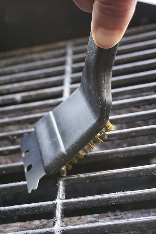 RSVP International (BQ-9B) BBQ Grill Cleaning Brush/Scraper, 9" | Brass Bristles & Stainless Steel Scraper | Gas/Charcoal Grill | Dishwasher Safe