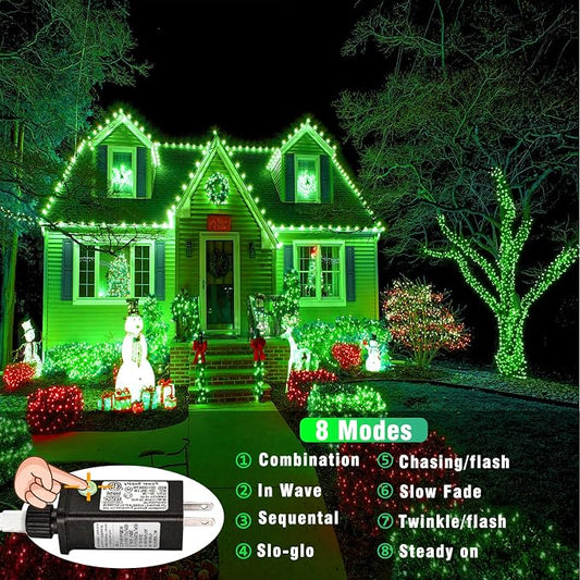 Vivideal 500 LED String Lights Indoor, 165ft Green St Patricks Day Lights Clear Wire 8 Modes Waterproof Plug in Christmas Lights with Timer Memory for Room Tree Party Decorations