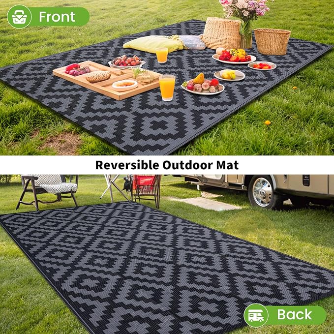 Smiry Outdoor Rug 10x14 ft Waterproof Reversible Boho Mat, Black & Grey | Polypropylene Plastic Straw, Quick Drying, Lightweight Foldable, for Patio, Deck, RV Camping, Backyard and Indoor Outdoor Use