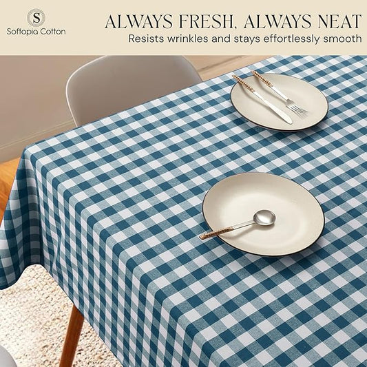 Gingham Buffalo Check 60"x102" Tablecloth 100% Cotton Washable Rustic Rectangle Table Cover Decorative for Gifts, Dining, BBQ, Buffet Parties & Camping - Teal