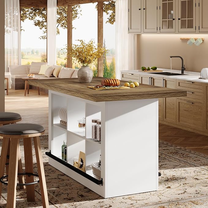 Tribesigns Kitchen Island with Storage, Farmhouse Island Bar, Brown&White | 62.6" Wooden Stationary Kitchen Storage Island Counter Height with 6 Open Cubbies and Footrests for Dining Room, Vintage