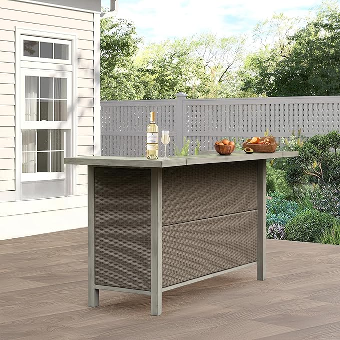 Domi Outdoor Kitchen Bar, Hand-Made Wicker Freestanding Island Home Bar Unit w/Storage Cabinets, Adjustable Shelves, Umbrella Hole, Premium Aluminum Frame, for Patio, Kitchen