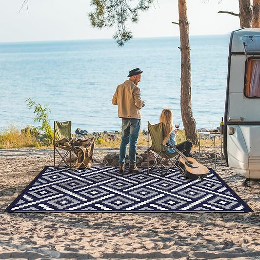 GENIMO Outdoor Rug, Waterproof Plastic Rugs for Patio, 6'x9' Navy Blue | Outside Larger Modern Carpet Mat for Porch Decor, Deck, Balcony, Camping, RV, Backyard, Picnic, Beach, Reversible, Foldable
