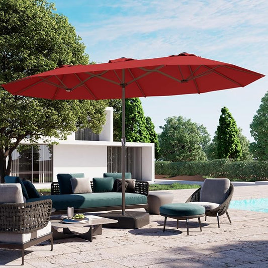 PatioKingdom 15FT Large Patio Umbrella with Base, Double Sided Rectangular Outdoor Umbrella with Sturdy Fiberglass Ribs, Market Umbrella for Pool,Garden,Backyard,Deck (Red, 15FT)