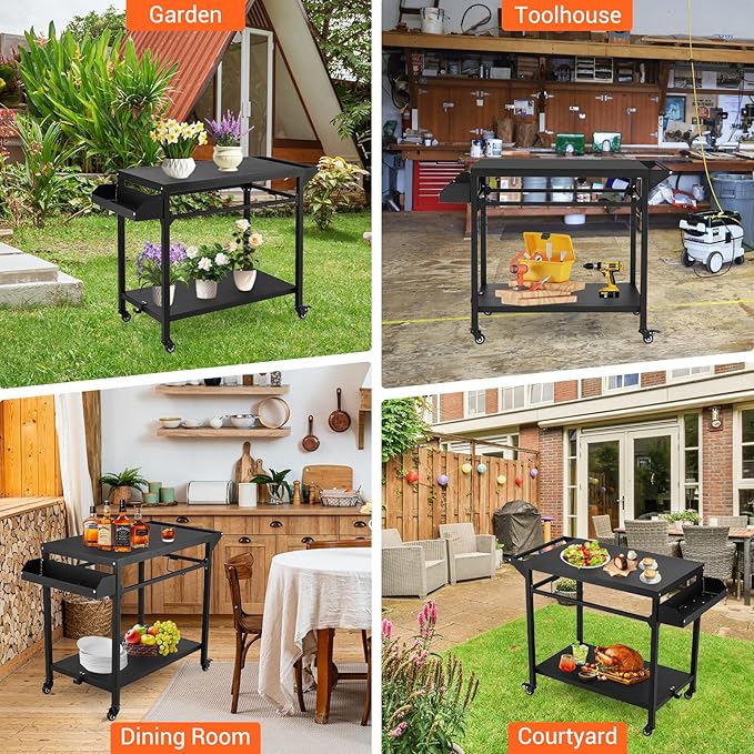 GarveeLife Outdoor Grill Cart, Pizza Oven Stand Table with Lockable Wheels for Outside Patio, Heavy Duty Movable Outdoor Cooking Prep Table BBQ Smoker Cart for Backyard, Camping and Parties, Black