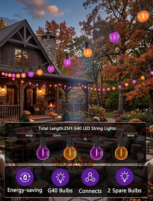 25FT G40 LED Outdoor Halloween String Lights, Orange and Purple Halloween Decorations Lights with 27 Shatterproof Globe Bulbs(2 Spare), Hanging Patio Lights for Holiday Balcony Backyard Party Garden