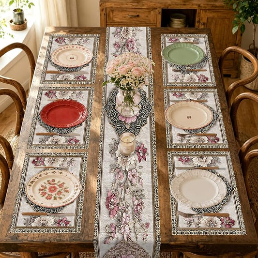Nuxovilar Square placemats Set of 7 Table Runner (72X13inch) and placemats (11.8X17.7) Beige&Gold Ornate Pattern Linen-Cotton Table Arrangement Pieces Banquet,Anniversary Party,Formal Meals