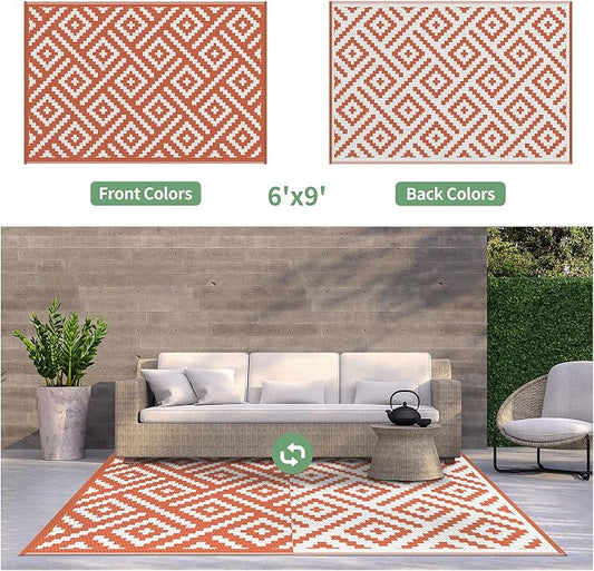 GENIMO Outdoor Rug, Waterproof Plastic Rugs for Patio, 6'x9' Orange White | Outside Larger Modern Carpet Mat for Porch Decor, Deck, Balcony, Camping, RV, Backyard, Picnic, Beach, Reversible, Foldable