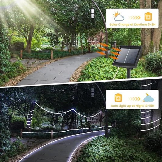 200 LED Solar Rope Lights Outdoor, 66FT Solar String Lights Indoor Waterproof Solar Powered Trampoline Light Clear Tube Pool Light for Camping Fence Yard Walkway Path Garden Outside Decor(White