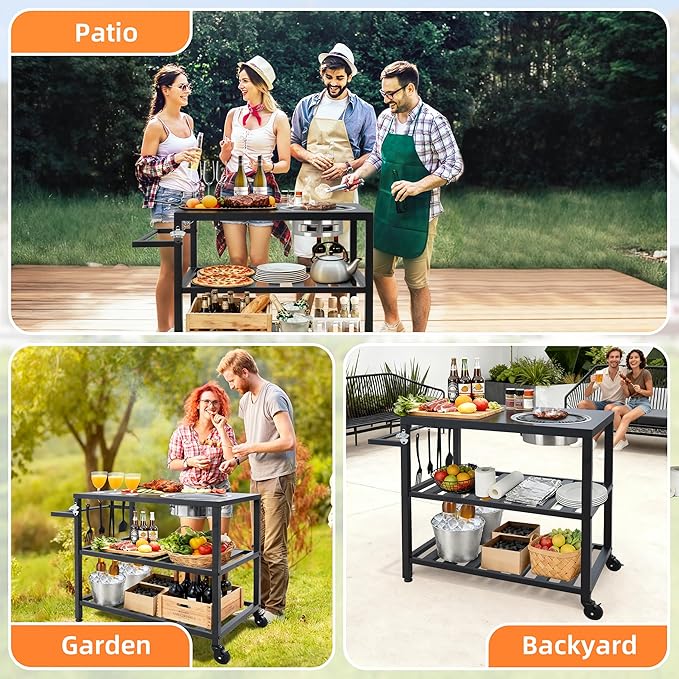 Outdoor Grill Cart with Grill Kit, Movable BBQ Prep Tables Station with Wheels, Dining Cart Table with 2-Tier Storage Cart, 33.3" Lx19.9W x33.2H Grill Table, Black