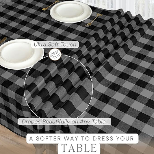 Light Grey and Black Buffalo Check Tablecloth, 60x84 Inches, Plaid Table Cover, 100% Cotton, Washable, Reusable Table Linen for Winter Dinners, Holiday Hosting and Everyday Dining