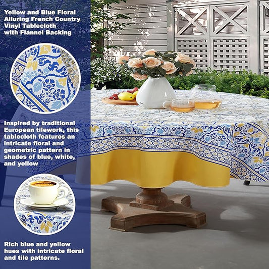 Home Bargains Plus Oval Vinyl Tablecloth with Flannel Backing, 60 x 84 Inch, Alluring French Country, Yellow and Blue Floral Vinyl Table Cover, Heavy Weight for Dining Party and Barbecues