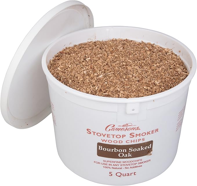 Camerons All Natural Extra Fine Bourbon Soaked Oak BBQ Wood Chips (5 Quart, 4.731L)- Kiln Dried Wood Sawdust Shavings for Cocktail Smoking Guns, Stovetop Smokers, Smoke Boxes - Barbecue Grilling Gifts