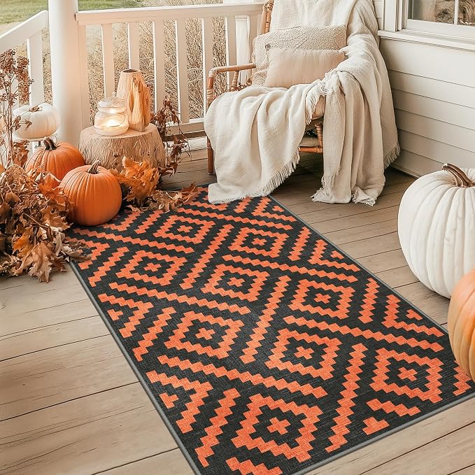 GENIMO Outdoor Rug 3'x5' Waterproof for Porch, Plastic Door Mat Orange Noir | Outside Modern Carpet for Patio Decor, Balcony, Deck, Backyard, Picnic, Camping, RV, Reversible, Foldable, Lightweight