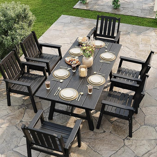 Garvee Outdoor Patio Dining Table Set for 6, 7 Piece Outdoor HDPE Dining Furniture Set with Umbrella Hole, Aluminum Frame, All-Weather Garden Table and 6 Chairs for Backyard Poolside, Black