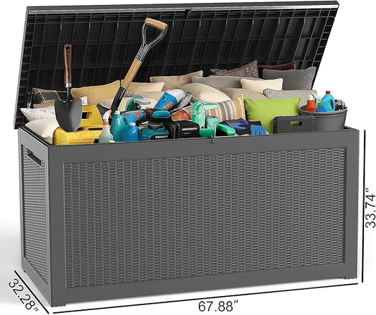 ROJIK Outdoor Storage Housing Deck Box - Waterproof Patio Furniture, Garden Tools, Cushions, Pool Accessories Storage Bench with Lockable Lid and Side Handles (Black, 315 Gal)