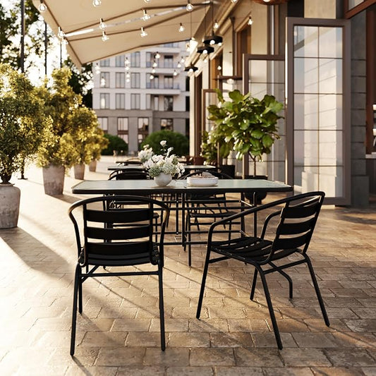 Flash Furniture Lila 5 Piece Patio Dining Set - 55" Tempered Glass Patio Table with Umbrella Hole - 4 Black Metal Aluminum Slat Stack Chairs