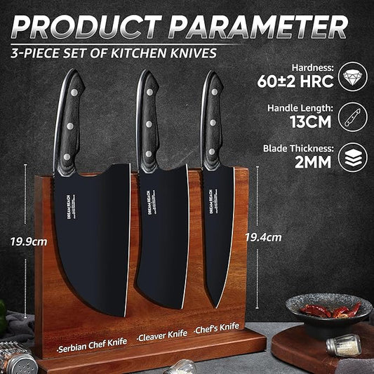 Dream Reach Butcher Knife Set - 3PCS Black Cleaver Knives Kit for Meat Cutting BBQ Outdoor Hand Forged Serbian Chef Cleaver for Mother Father Gift Idea