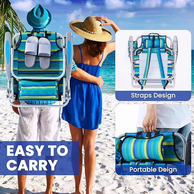 Portable Recliners Chair for Adults, Outdoor Camping Chair Lay Flat Folding Backpack Reclining Chair with 5 Positions, Headrest, Zipper Pouch, Cup Holder, NEW Srtiped