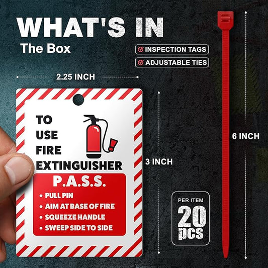 Fire Extinguisher Inspection Tags 2026-2029, Plastic 2.25 x 3 Inch Red for Indoor Outdoor Use, Durable Double-Sided Monthly Record and Pass Instructions, Include Zip Ties, 20 Pack