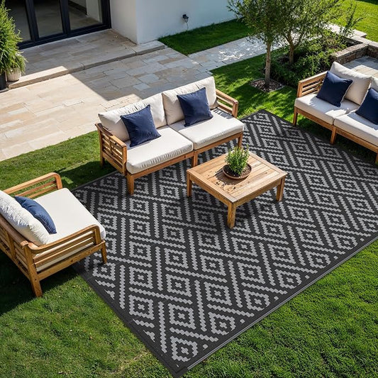 GENIMO Outdoor Rug, Waterproof Plastic Rugs for Patio, 10'x10' Black Grey | Outside Larger Modern Carpet Mat for Porch Decor, Deck, Camping, RV, Backyard, Balcony, Picnic, Beach, Reversible, Foldable