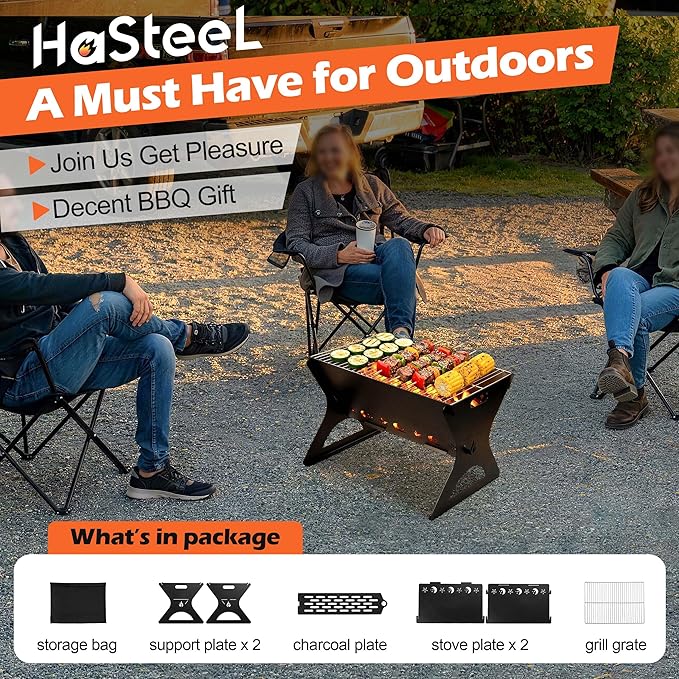 Portable Campfire Grill, HaSteeL Mini Barbecue Slot with Grate & Carry Bag, Heavy-duty BBQ Outdoor Fire Pit for Camping Backyard, Bonfire, Patio, Easy Assembly