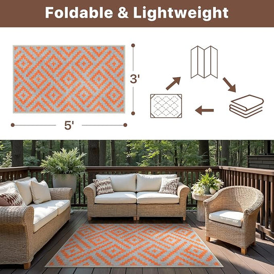 GENIMO Outdoor Rug 3'x5' Waterproof for Porch, Plastic Door Mat Orange Grey | Outside Modern Carpet Mat for Patio Decor, Porch, Deck, Balcony, Camping, RV, Picnic, Beach, Reversible, Foldable