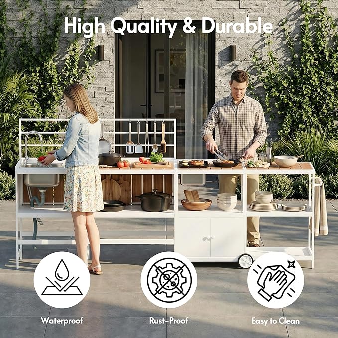 ENSTVER Modular Outdoor Kitchen with All-Aluminum Island & Cabinets, Stainless Steel Sink, Food-Safe Countertop, Outdoor Kitchen Island for Patio, Deck, Backyard,White