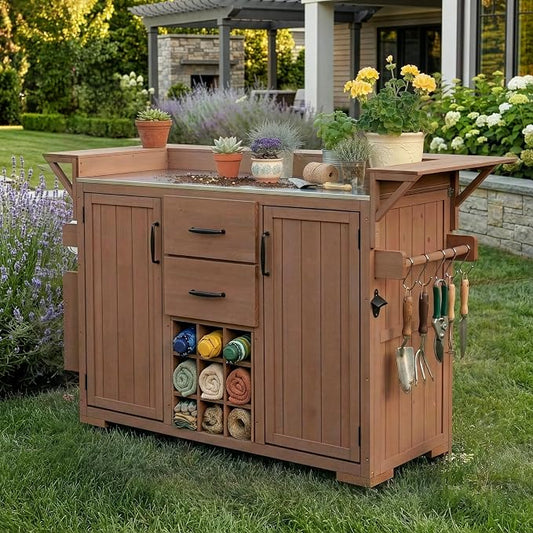 60.2''W Outdoor Kitchen Island with Wheels, Solid Fir Wood Kitchen Cart Grill Cart with Stainless Steel Top, Spice Rack, Wine Rack, 2 Bottom Cabinets with Adjustable Shelves, 2 Drawers (Brown-117)