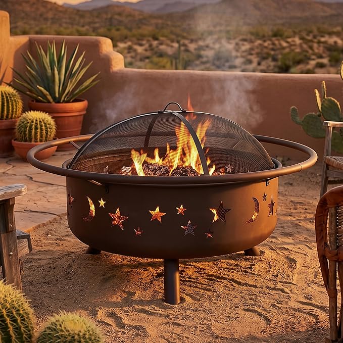 Sunnydaze Cosmic 42-Inch Large Outdoor Fire Pit - Wood-Burning Firepit for Outside Patio, Backyard, Deck - Steel - Wood Grate, Spark Screen, and Fireplace Poker Included - Bronze - 31” Bowl Diameter
