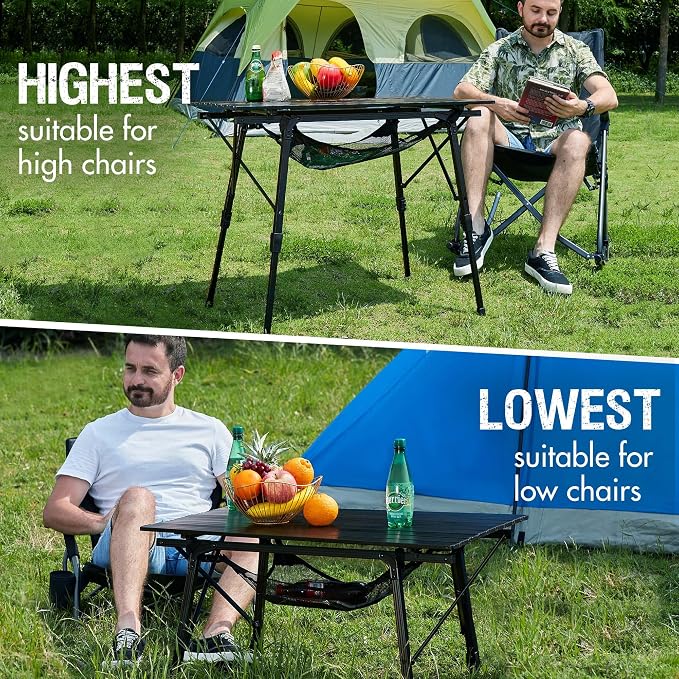 Portal Camping Table Foldable Portable with Adjustable Legs, Aluminum Folding Table Roll Up Table with Carrying Bag for Outdoor, Beach, Picnic, Backyards, BBQ and Party, Black