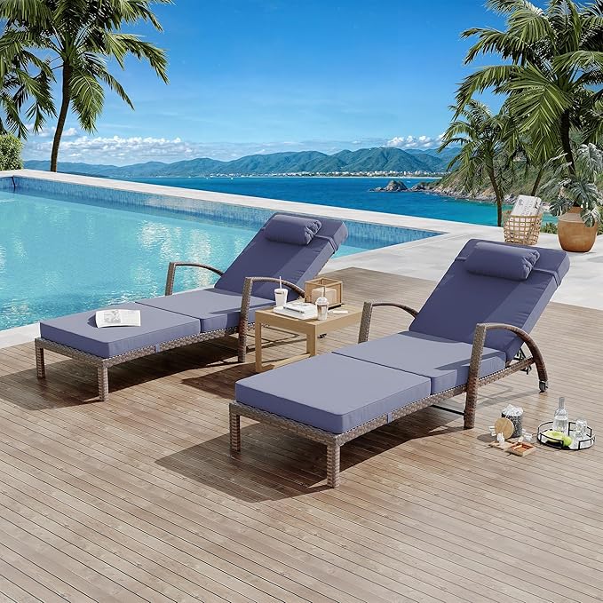 Garvee Outdoor Chaise Lounge Chairs Set of 2, PE Rattan Wicker Patio Lounge Chairs with 5-Position Adjustable Backrest, 3.5" Cushions & Wheels, 380 lbs Capacity Heavy Duty Pool Lounge Chair,Blue