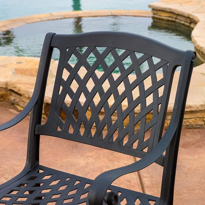 Christopher Knight Home Cayman Outdoor 6-Seater Cast Aluminum Dining Set, 7-Pcs Set, Black Sand Hallandale Outdoor Cast Aluminum Chairs, 2-Pcs Set, Antique Matte Black