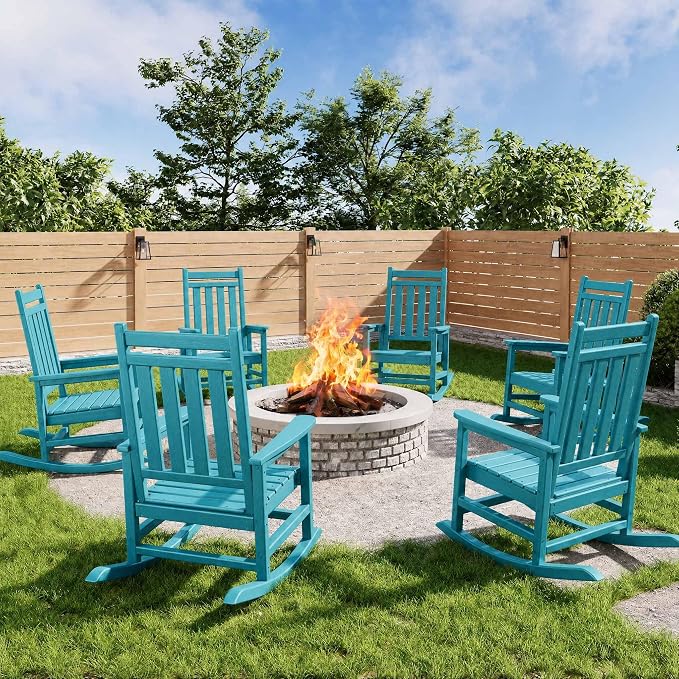 Garvee HDPE Rocking Chair Outdoor Set of 2 - Poly High Back Porch Rocker Chairs for Adults - All Weather Resistant Furniture for Patio Front Porch - Lake Blue