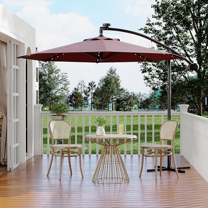 Garvee 10FT Solar Lights Offset Patio Umbrella with Cross Base, Burgundy | Cantilever Umbrella with Easy Lift & Tilt Adjustment, 8 Ribs Sun umbrella UV Protection for Backyard, Pool, Garden