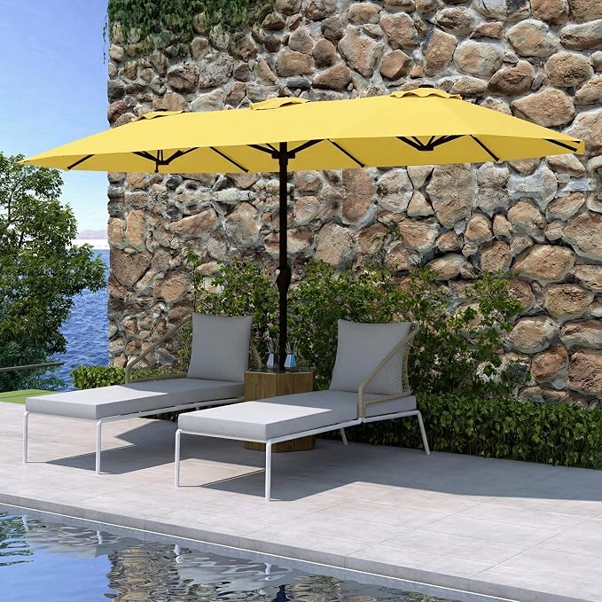 15FT Double Sided Patio Umbrella with Base Included Large Outdoor Market Umbrella with Crank Handle, UV Resistant Canopy, Sturdy Frame for Garden, Poolside, Deck, Sunshine Yellow