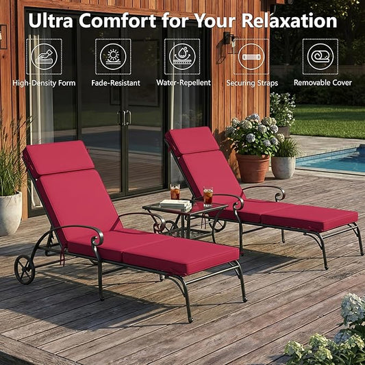 72 x 21 Inch Outdoor Chaise Lounge Cushions Set of 2 - Removable Cover, 4-Section Design, Water-Repellent & Fade-Resistant, 6 Tie Straps, Replacement for Patio & Pool Chairs - Burgundy
