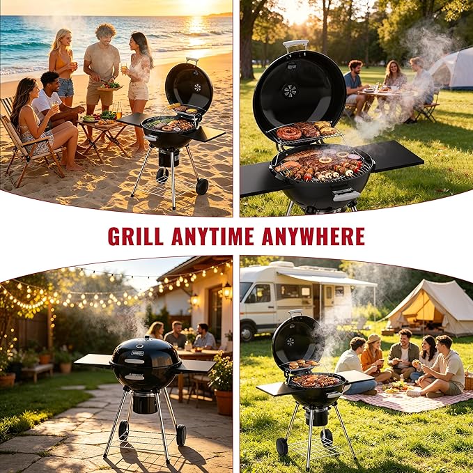 Kettle Charcoal Grill with Porcelain-Enameled Lid & Ash Cup, Adjustable Vents, Foldable Side Table for Outdoor Barbecue, Patio and Picnics, Black