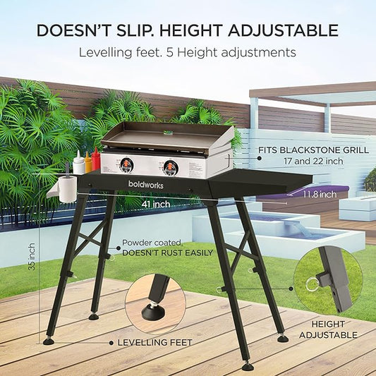 boldworks Griddle Stand for Blackstone Griddle Table Fits Blackstone Table Top Grill 17 Inch and 22 inch Portable with Folding and Height Adjustable Legs