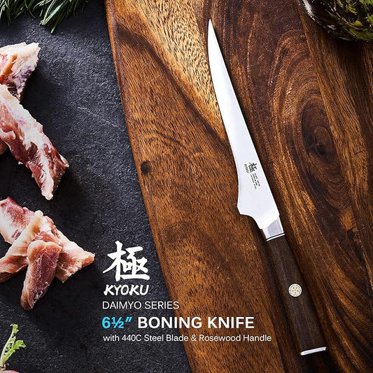 KYOKU 6.5 Inch Boning Knife - Daimyo Series - Butcher Knife with Ergonomic Rosewood Handle, and Mosaic Pin - Japanese Style 440C Stainless Steel Kitchen Knife with Sheath & Case