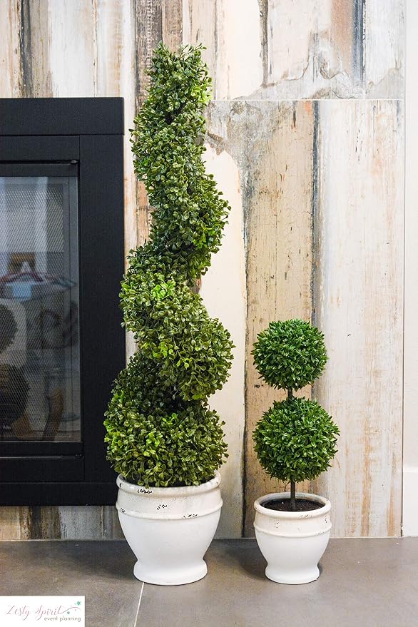 Admired By Nature 36" Artificial Boxwood Spiral Topiary Tree in Plastic Plant Pot - For Home Decor, Indoor, Outdoor, Crafts, Offices - Set of 2, Green