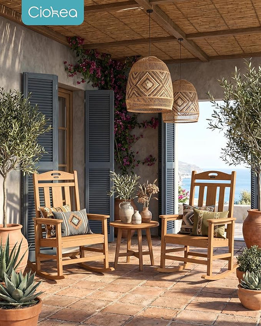 Ciokea Oversized Outdoor Rocking Chair, 380lbs Heavy-Duty Large Patio Rocker, Weather Resistant & Anti-Fade Porch Chair, High Back Cozy Rocking Chair for Outside, Fire Pit, Deck, Garden, Teak