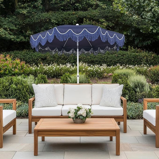 JONATHAN Y Mariner 6.5 ft. Solid Fringe Beach Umbrella, Navy/Blue | Push-Button Tilt, UV 50 Protection, Matching Carry Bag, White Iron Pole, Wind Vent, Scalloped Round Canopy