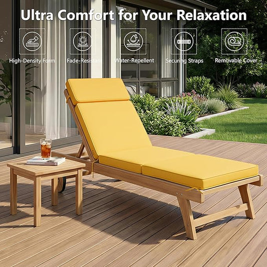 72 x 21 Inch Outdoor Chaise Lounge Cushion - Removable Cover, 4-Section Design, Water-Repellent & Fade-Resistant, 6 Tie Straps, Replacement for Patio & Pool Chairs - Yellow