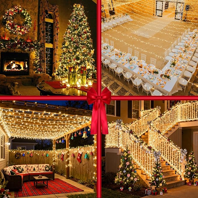 Christmas Tree String Lights Green Wire 75FT 300 LED Warm White | Dimmable, 12 Light Styles, Memory Timer, Waterproof, 29V Safe Low Voltage, Diamond-Faceted LED, Energy Efficiency