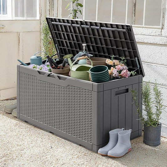 Greesum 100 Gallon Resin Patio Storage Box for Garden Tools, Outdoor Furniture Cushions, Pool Supplies, Gray