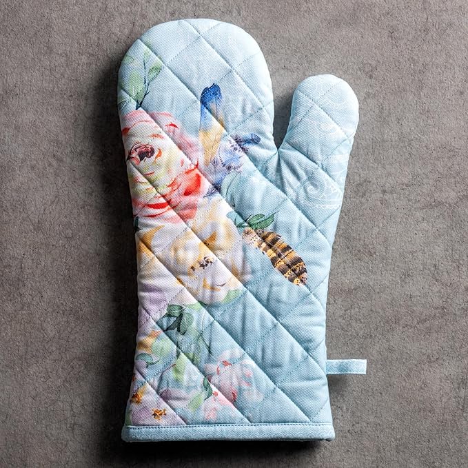 Maison d'Hermine Oven Gloves 100% Cotton Oven Mitt 7" x 13" with Loop Heat Resistant BBQ Cooking Gloves Baking Grilling Kitchen Hotel Home Farmhouse Spring Summer (Pack of 1, Ibiza - Blue)