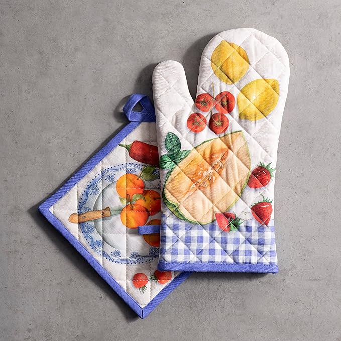 Maison d' Hermine 100% Cotton Oven Mitt & Pot Holder Set (7.5"x13" & 8"x8") Heat Resistant BBQ Cooking Gloves with Loop Baking Grilling Kitchen Hotel Home Farmhouse Spring Summer (Gourmand)