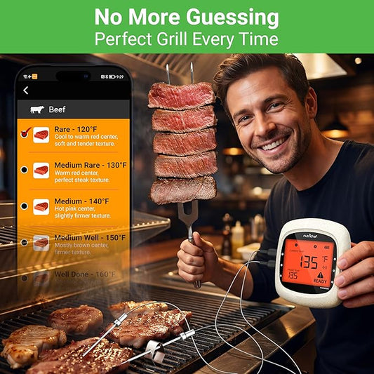 NutriChef Bluetooth Meat Thermometer for Grilling and Smoking, up to 6 Temperature Probes and Smart APP, 400 Ft Range, LCD